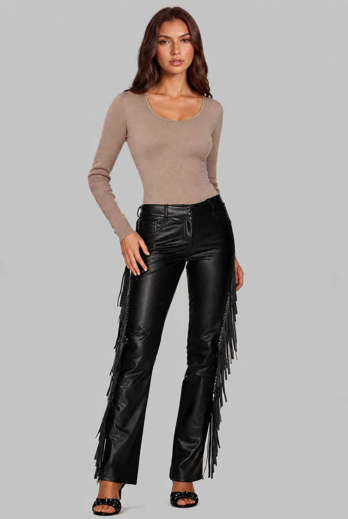 Faux Leather Flare Pants with Fringe