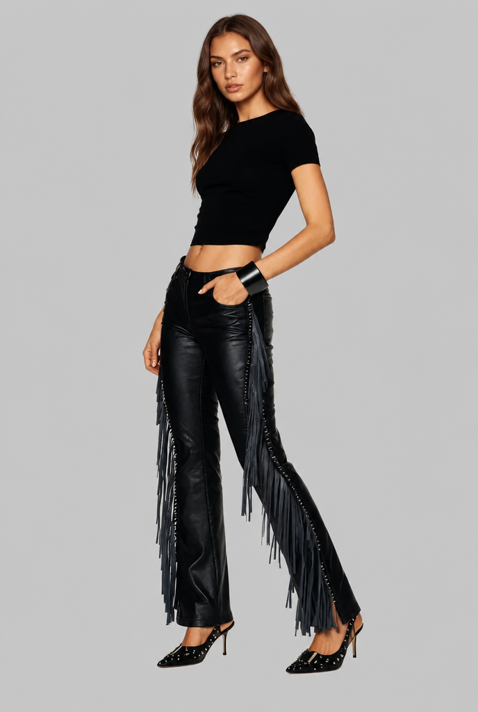 Faux Leather Flare Pants with Fringe