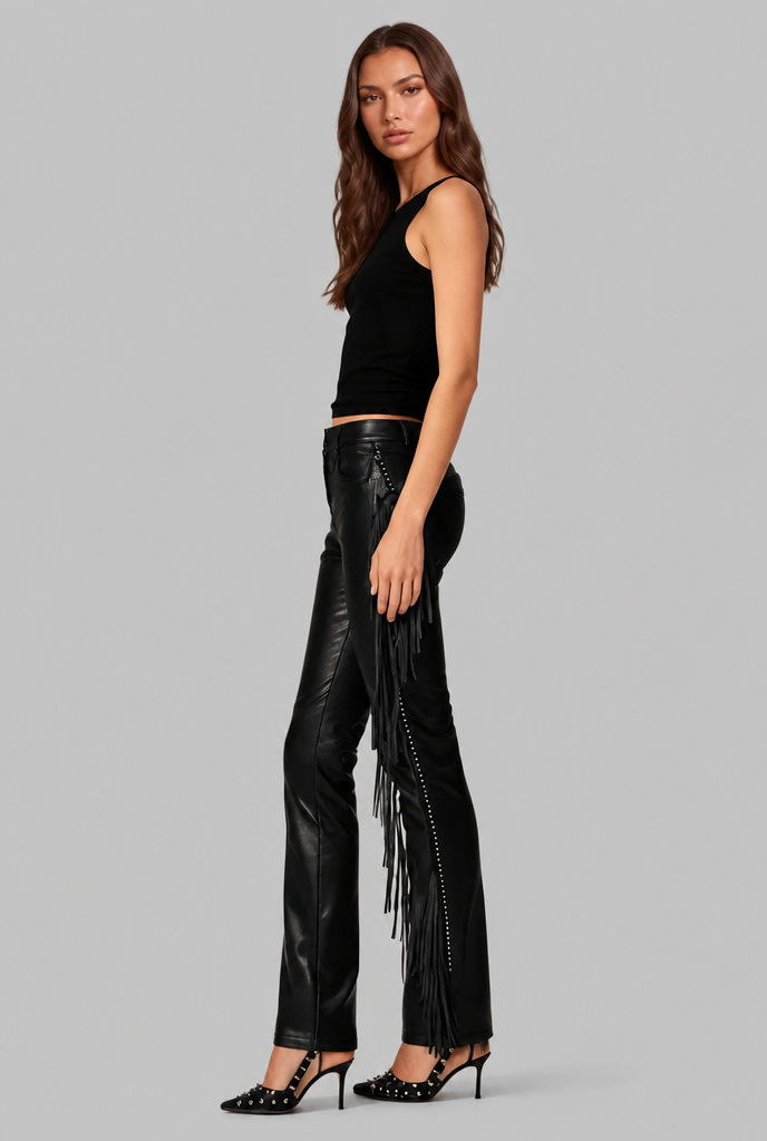 Faux Leather Flare Pants with Fringe
