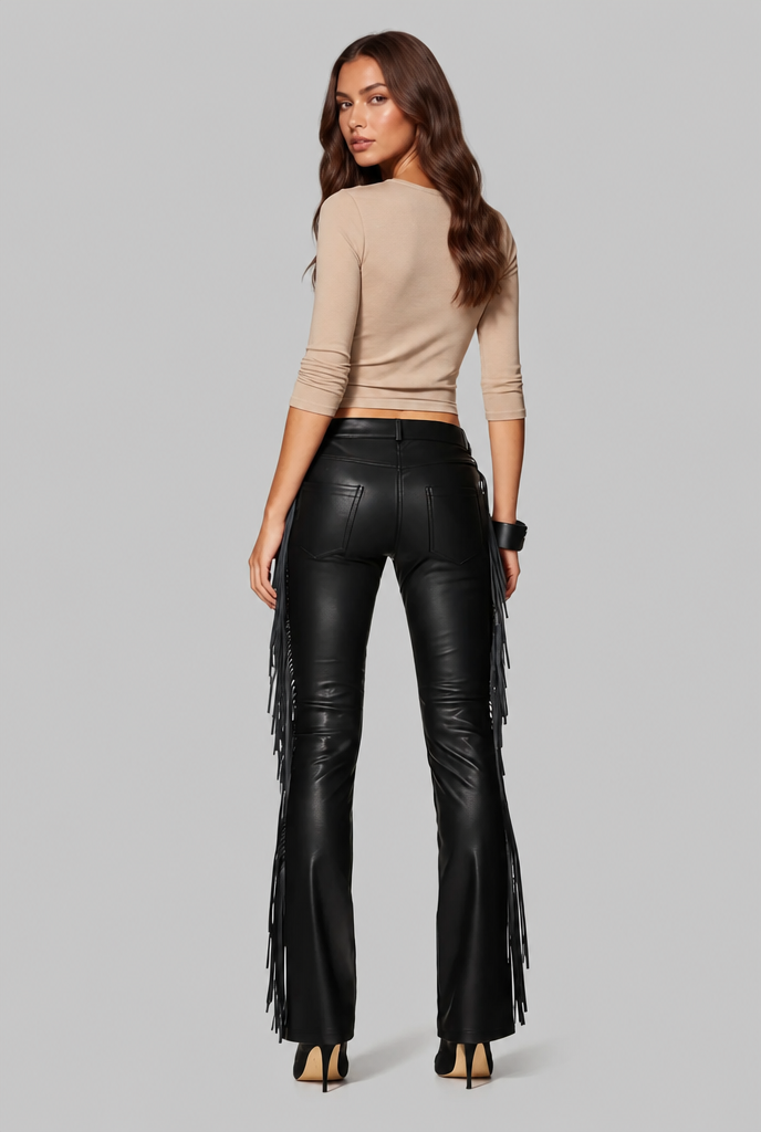 Faux Leather Flare Pants with Fringe