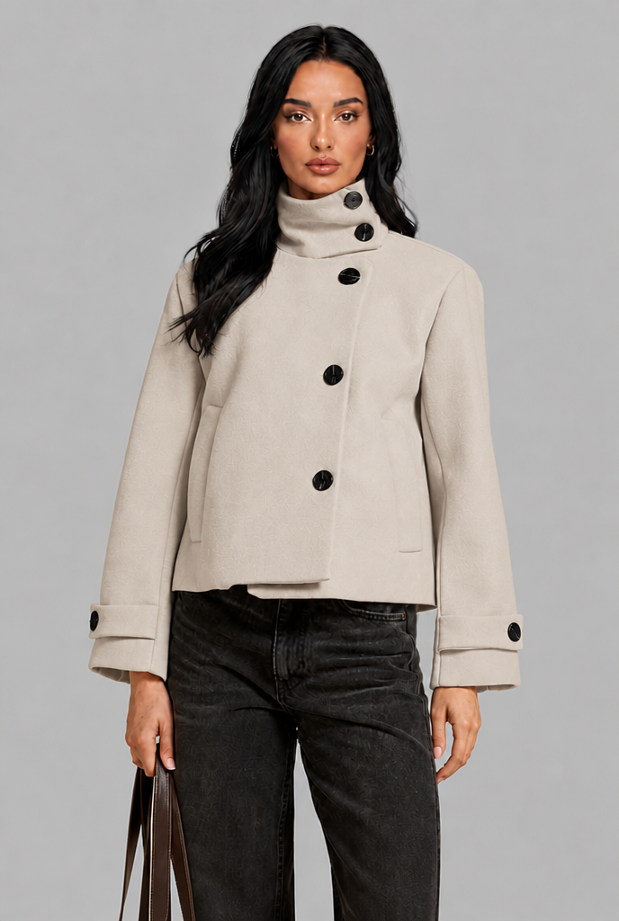Cropped Wool Jacket with Funnel Neck