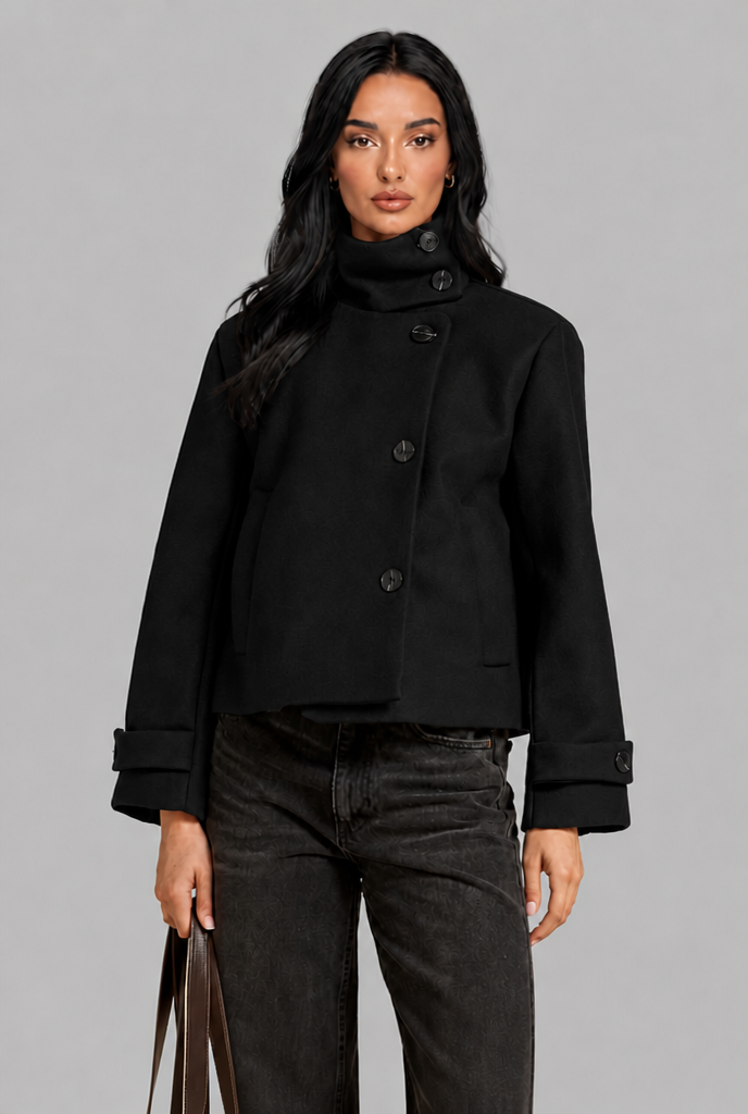 Cropped Wool Jacket with Funnel Neck