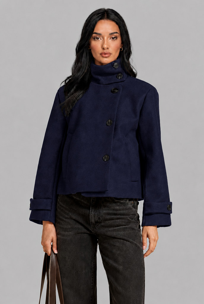 Cropped Wool Jacket with Funnel Neck