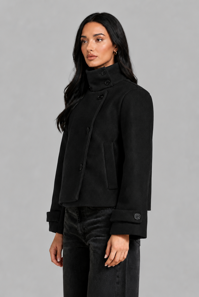 Cropped Wool Jacket with Funnel Neck