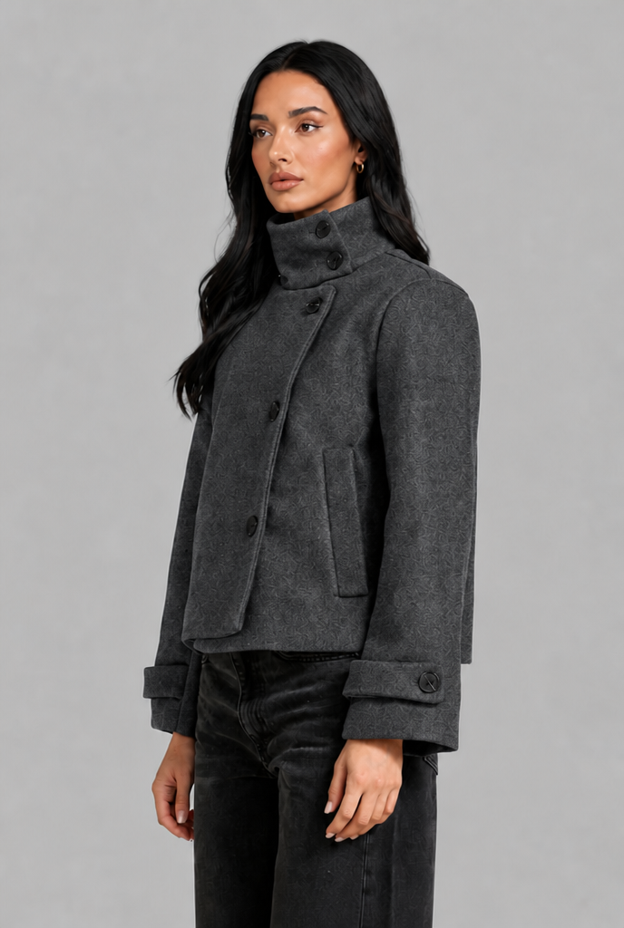Cropped Wool Jacket with Funnel Neck