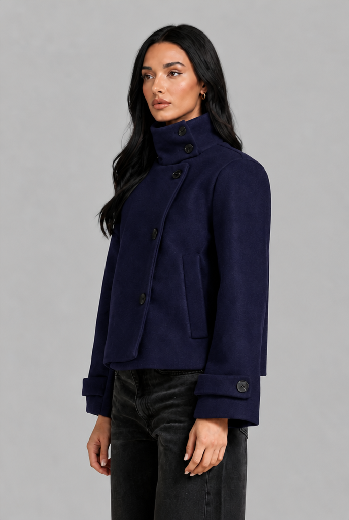 Cropped Wool Jacket with Funnel Neck