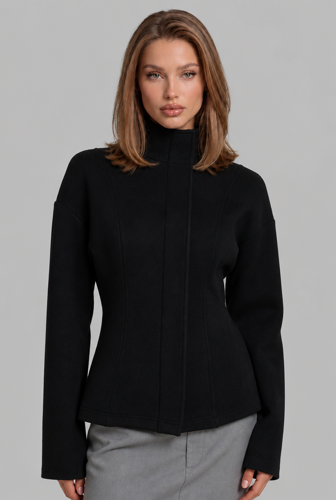 Fitted High Neck Wool Jacket with Flared Cuffs