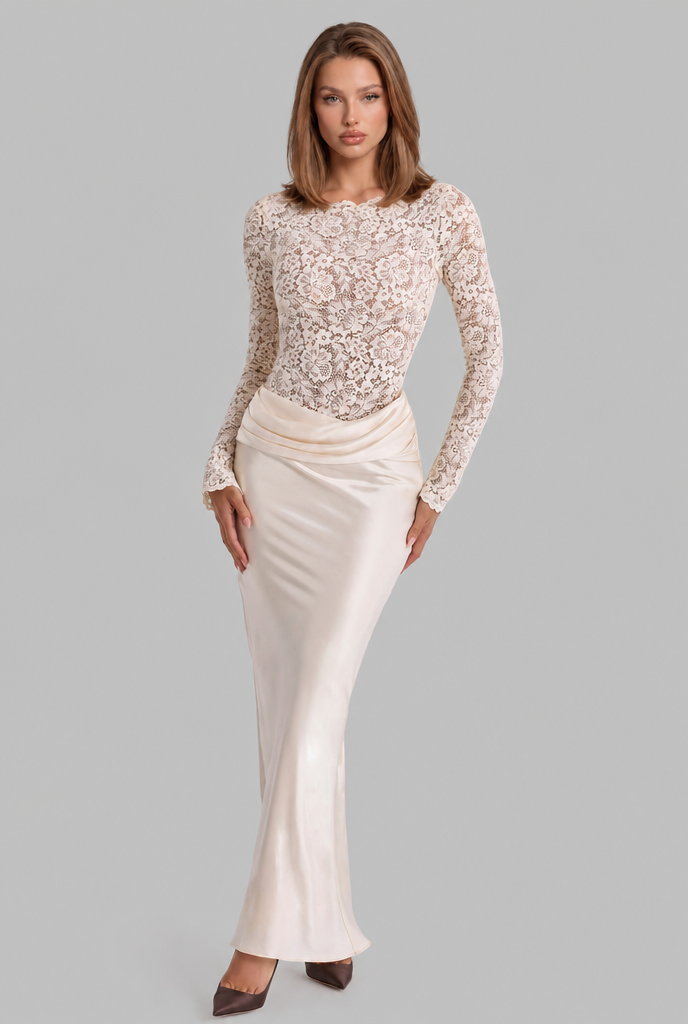 Lace Satin Maxi Dress with Draped Waist