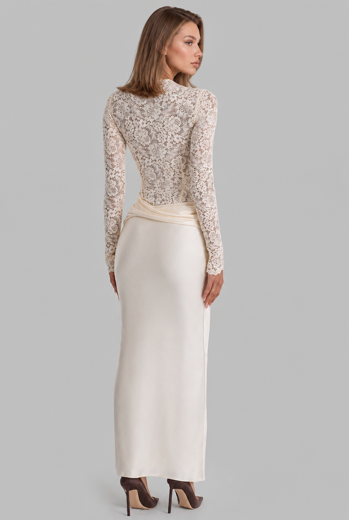 Lace Satin Maxi Dress with Draped Waist