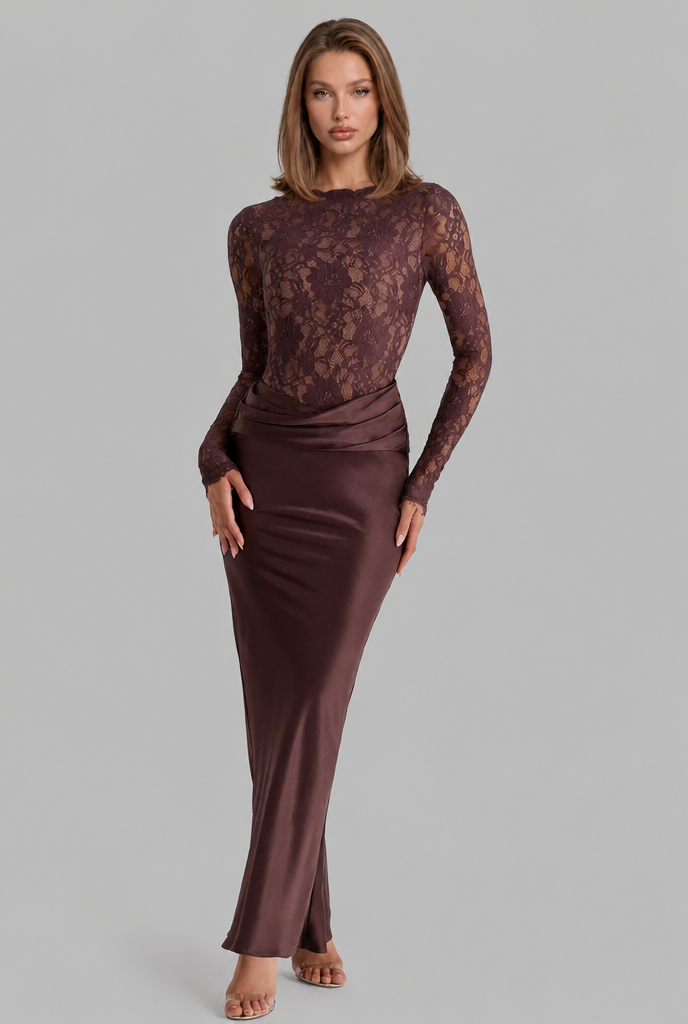 Lace Satin Maxi Dress with Draped Waist