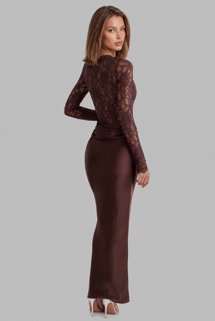 Lace Satin Maxi Dress with Draped Waist