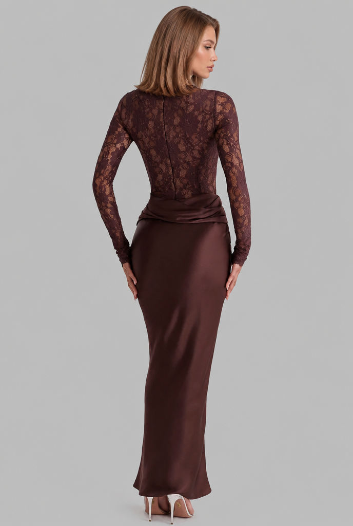 Lace Satin Maxi Dress with Draped Waist