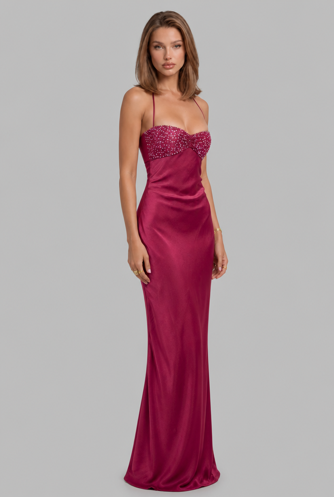 Sequin Satin Dress with Lace-Up Back