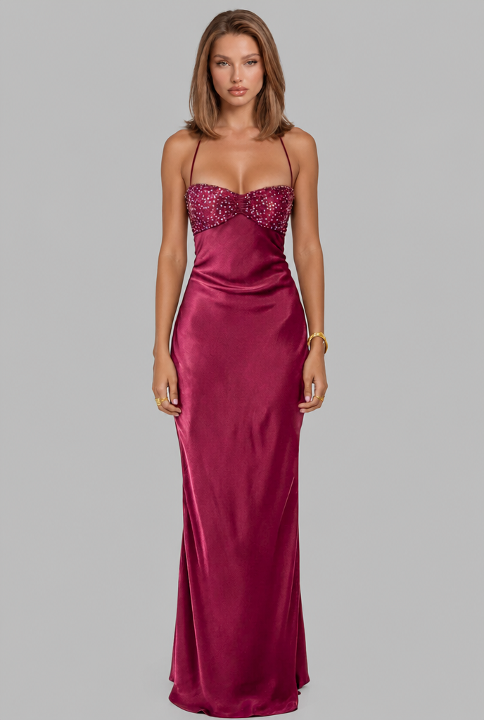 Sequin Satin Dress with Lace-Up Back