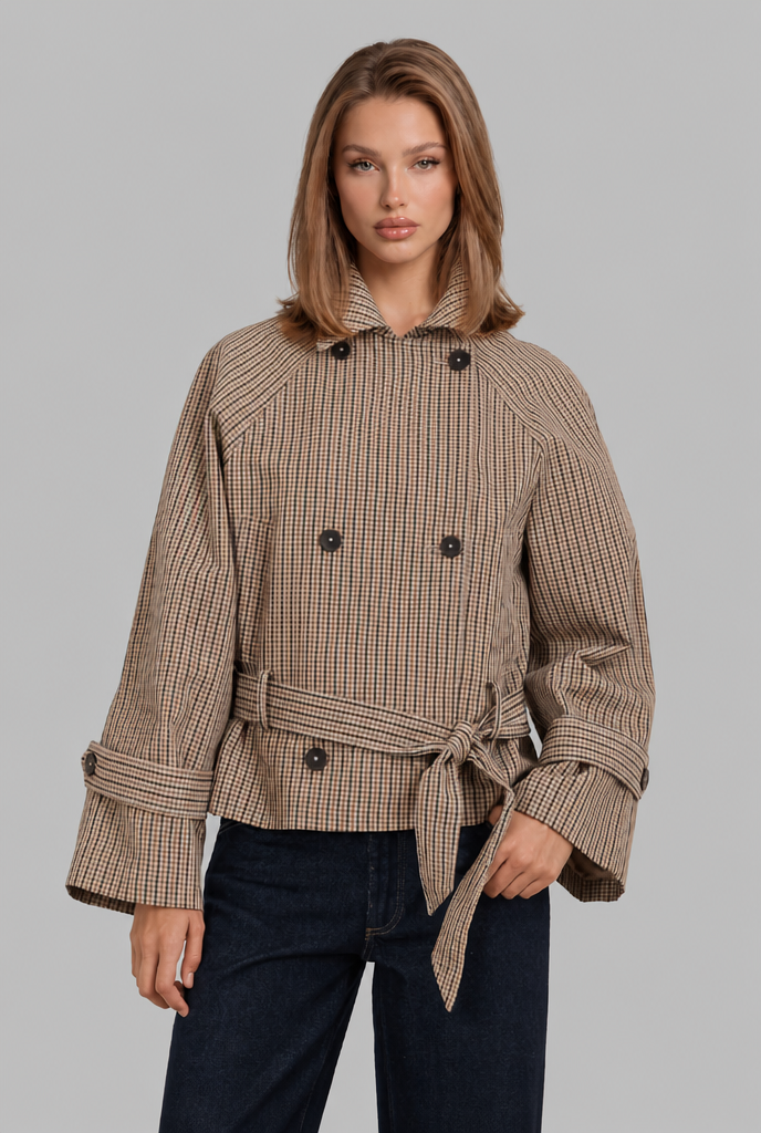 Cropped Trench Coat in Check Print