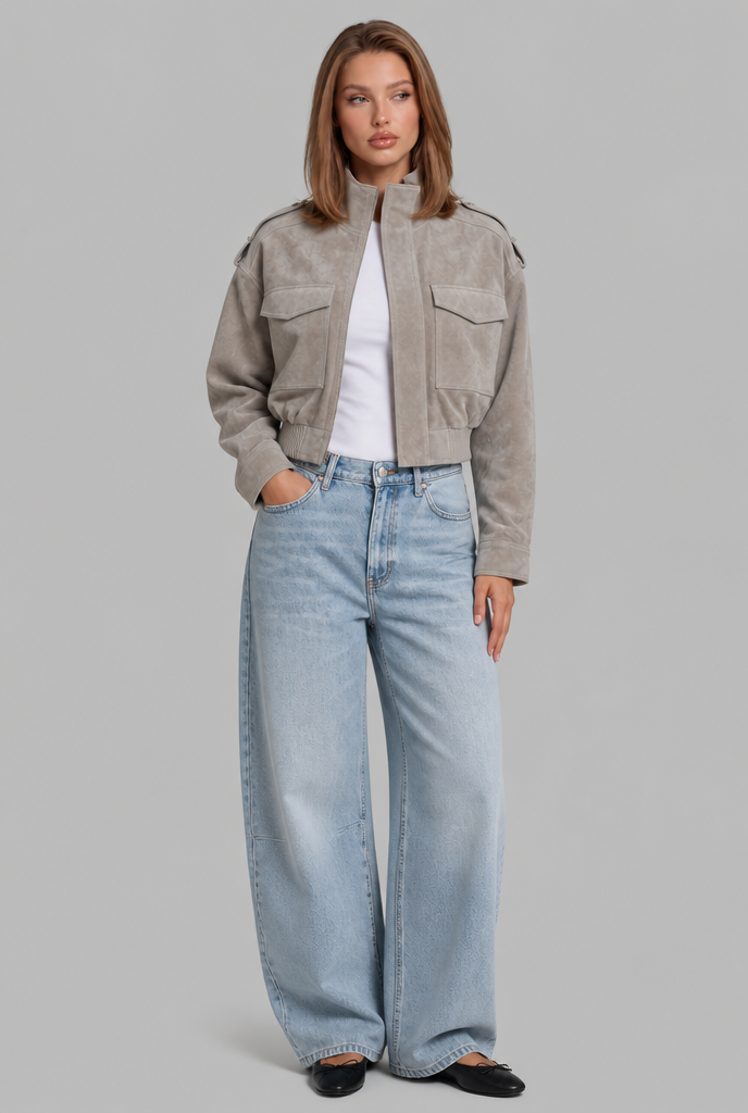 Cropped Suede Bomber Jacket