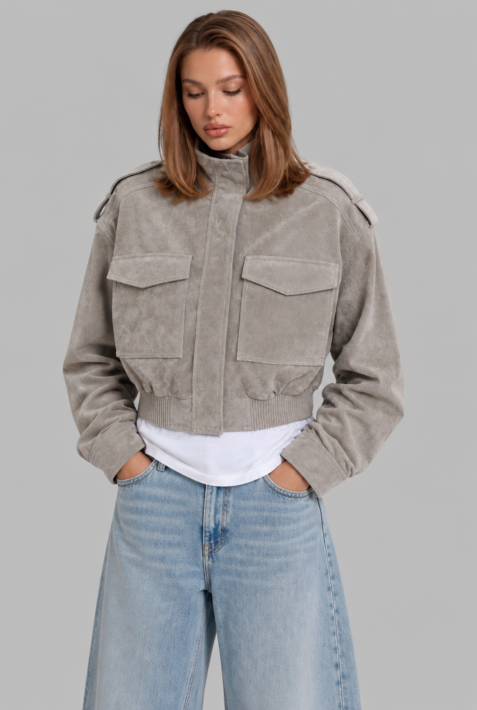 Cropped Suede Bomber Jacket
