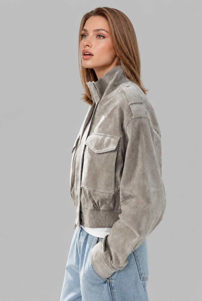 Cropped Suede Bomber Jacket