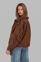 Oversized Suede Bomber Jacket with Buckle Belt