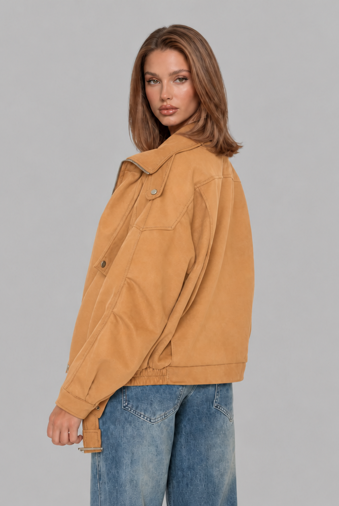 Oversized Suede Bomber Jacket with Buckle Belt