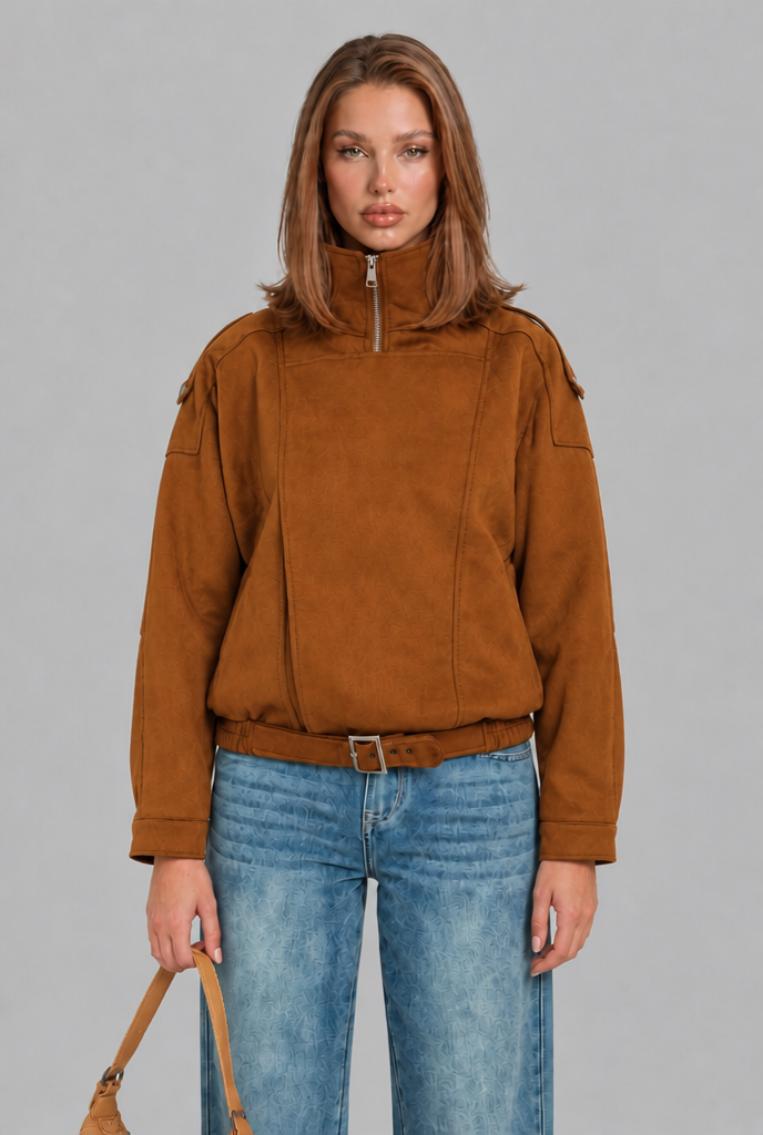 Oversized Suede Bomber Jacket with Buckle Belt