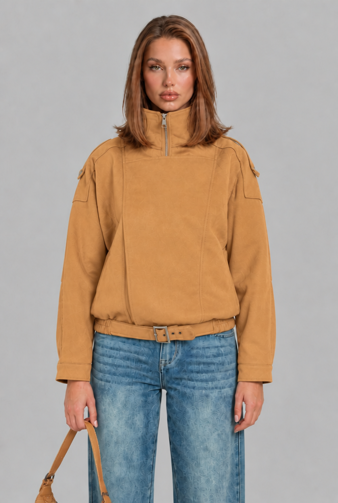 Oversized Suede Bomber Jacket with Buckle Belt