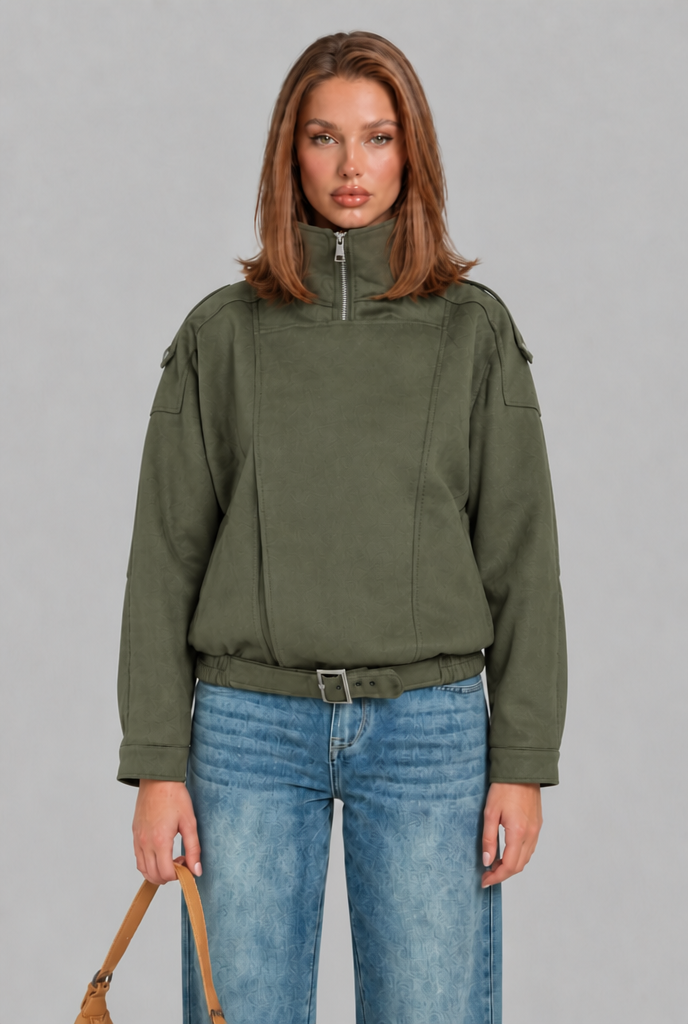 Oversized Suede Bomber Jacket with Buckle Belt