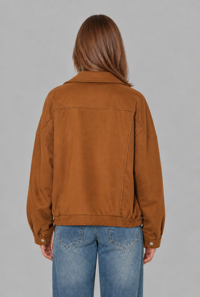 Oversized Suede Bomber Jacket with Buckle Belt