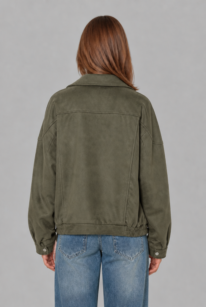 Oversized Suede Bomber Jacket with Buckle Belt