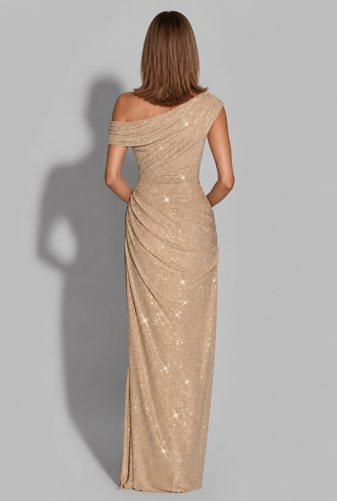 One Shoulder Embellished Party Dress with Ruched Waist