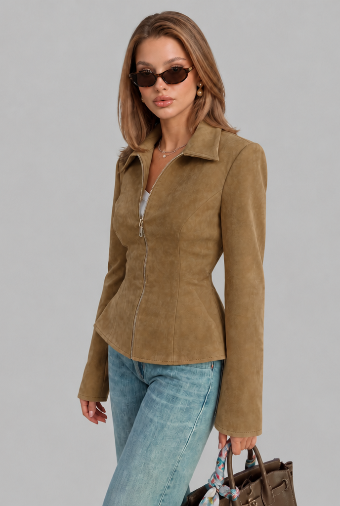 Fitted Suede Jacket with Zip Front