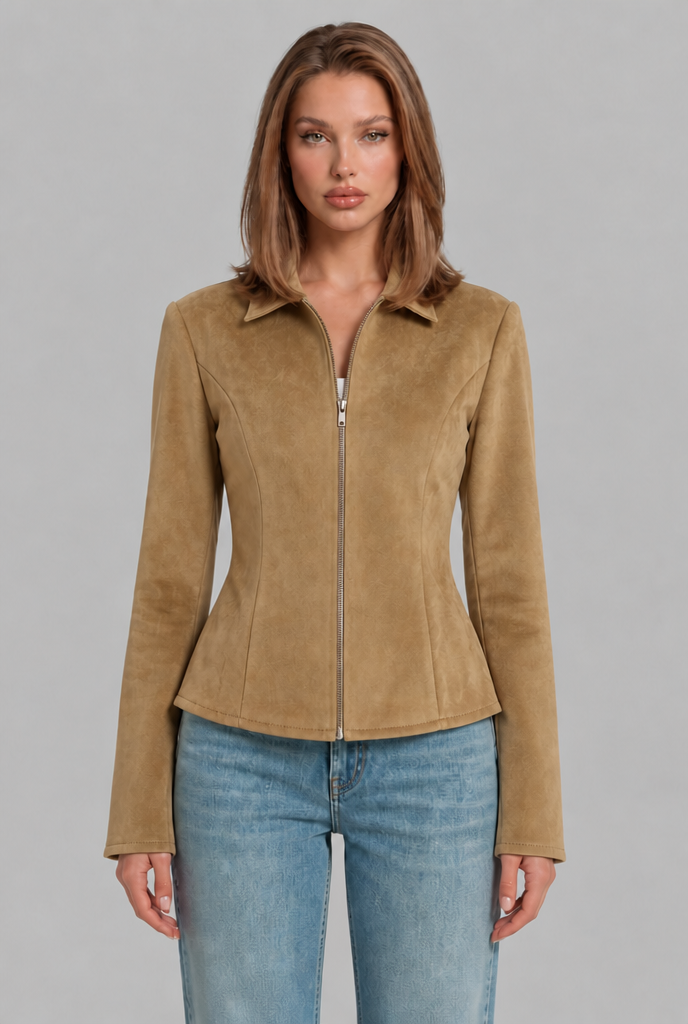 Fitted Suede Jacket with Zip Front