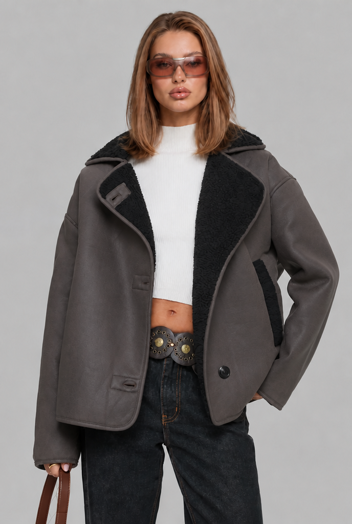 Shearling Lined Winter Jacket with Faux Fur Collar