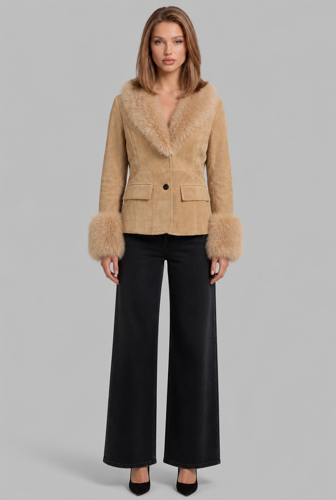 Suede Jacket with Faux Fur Collar and Cuffs