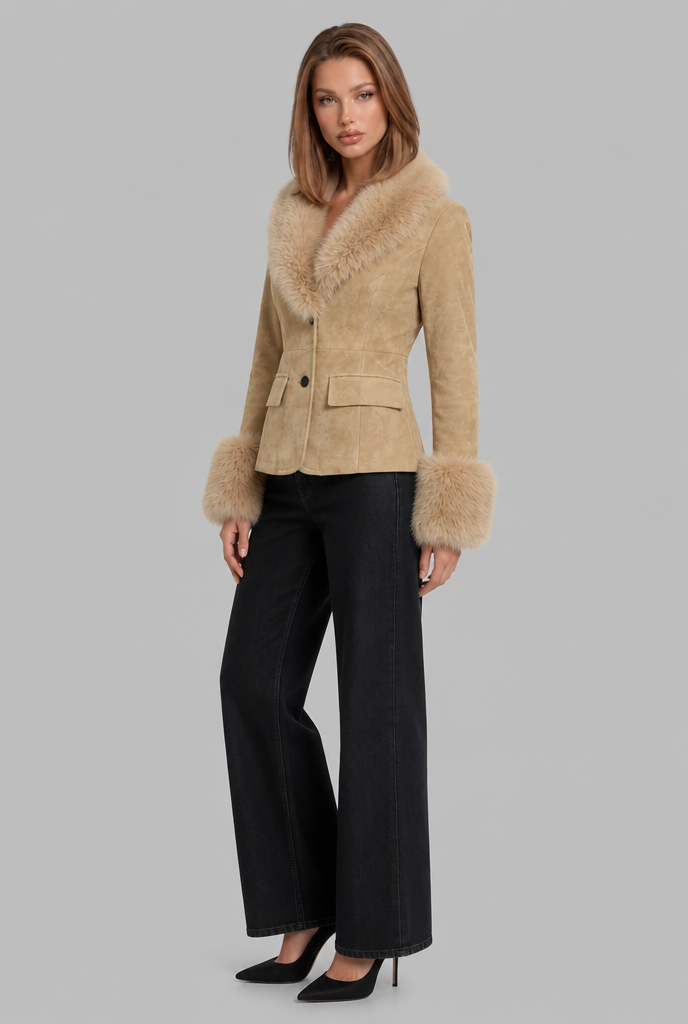 Suede Jacket with Faux Fur Collar and Cuffs