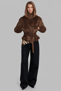 Belted Suede Jacket with High Stand Collar