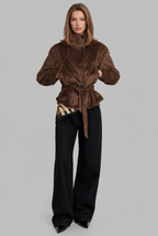 Belted Suede Jacket with High Stand Collar