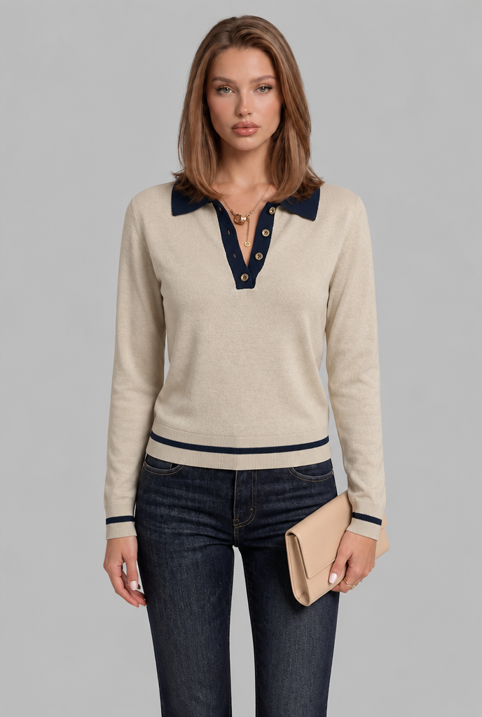 Contrast Collar Polo Jumper with Striped Trim