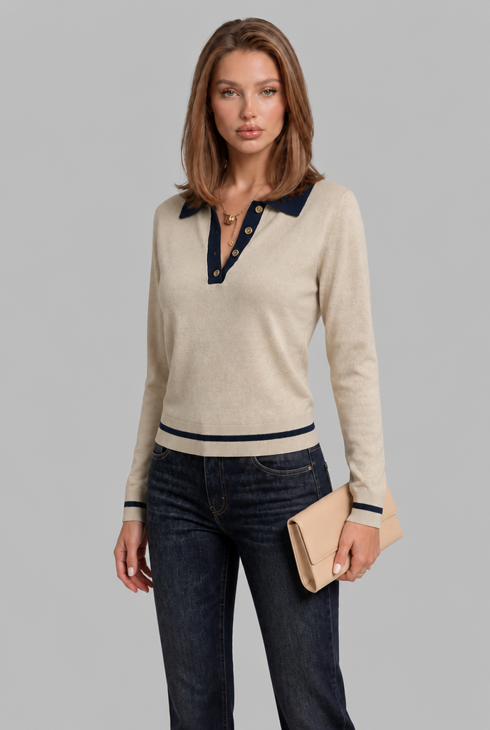 Contrast Collar Polo Jumper with Striped Trim