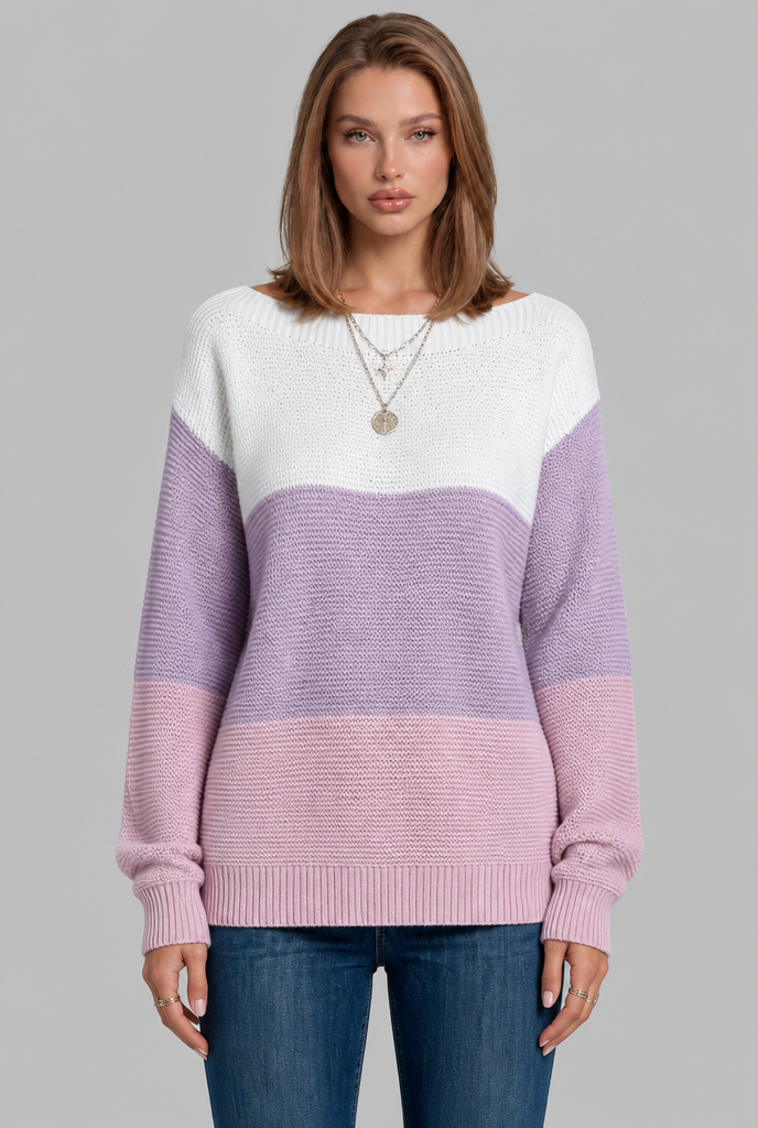 Colour Block Jumper with Wide Boat Neckline