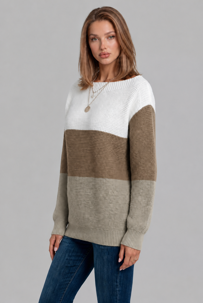 Colour Block Jumper with Wide Boat Neckline