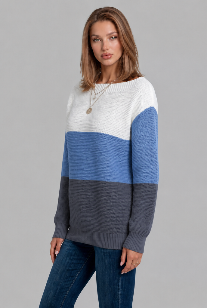 Colour Block Jumper with Wide Boat Neckline