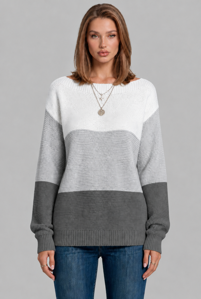 Colour Block Jumper with Wide Boat Neckline