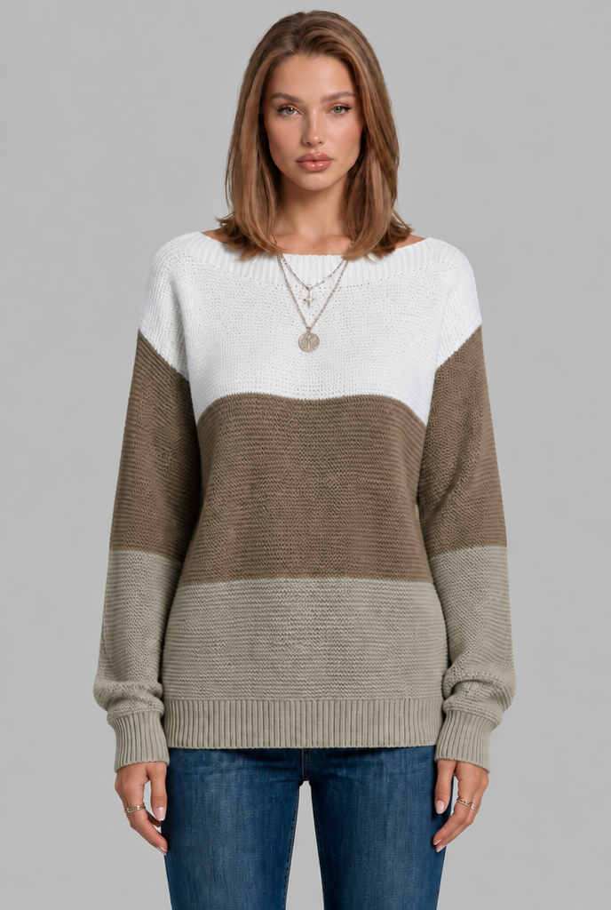 Colour Block Jumper with Wide Boat Neckline
