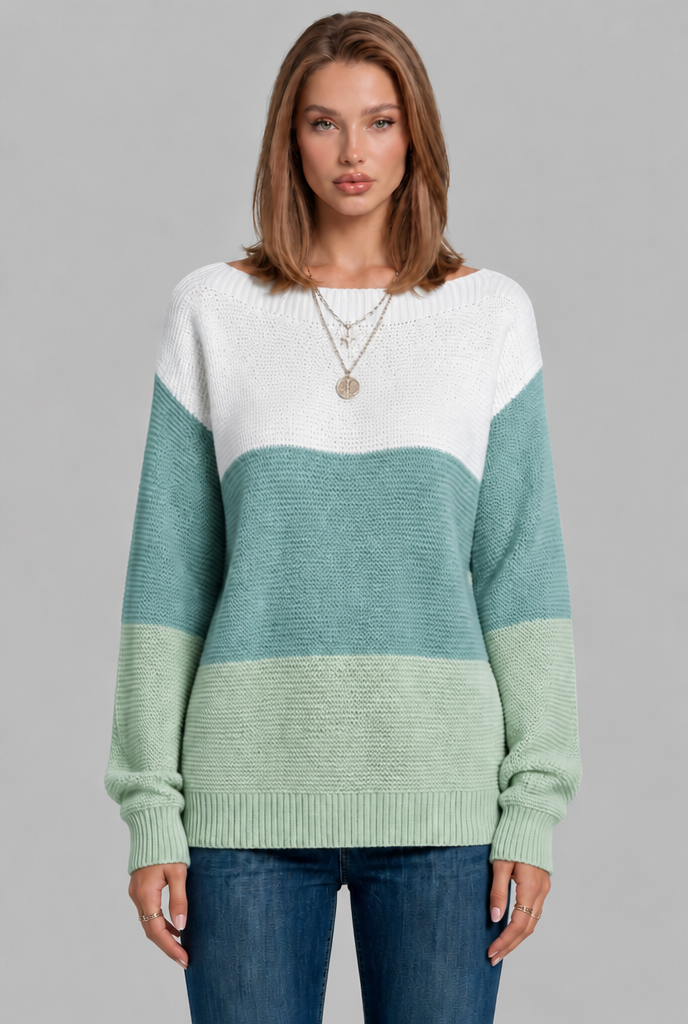 Colour Block Jumper with Wide Boat Neckline