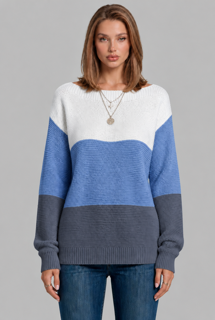Colour Block Jumper with Wide Boat Neckline