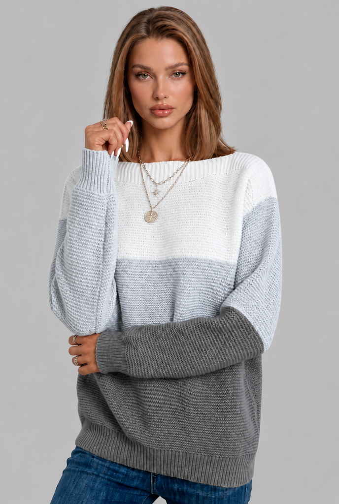 Colour Block Jumper with Wide Boat Neckline