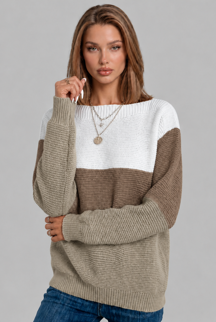 Colour Block Jumper with Wide Boat Neckline