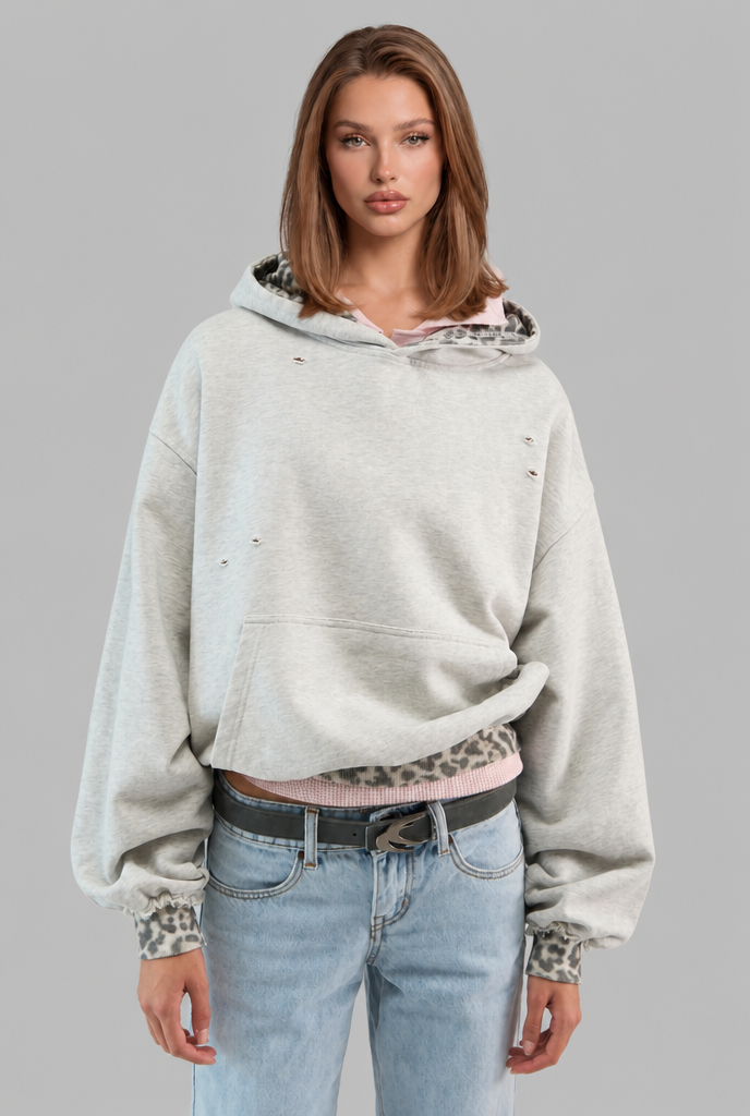 Distressed Leopard Trim Hoodie