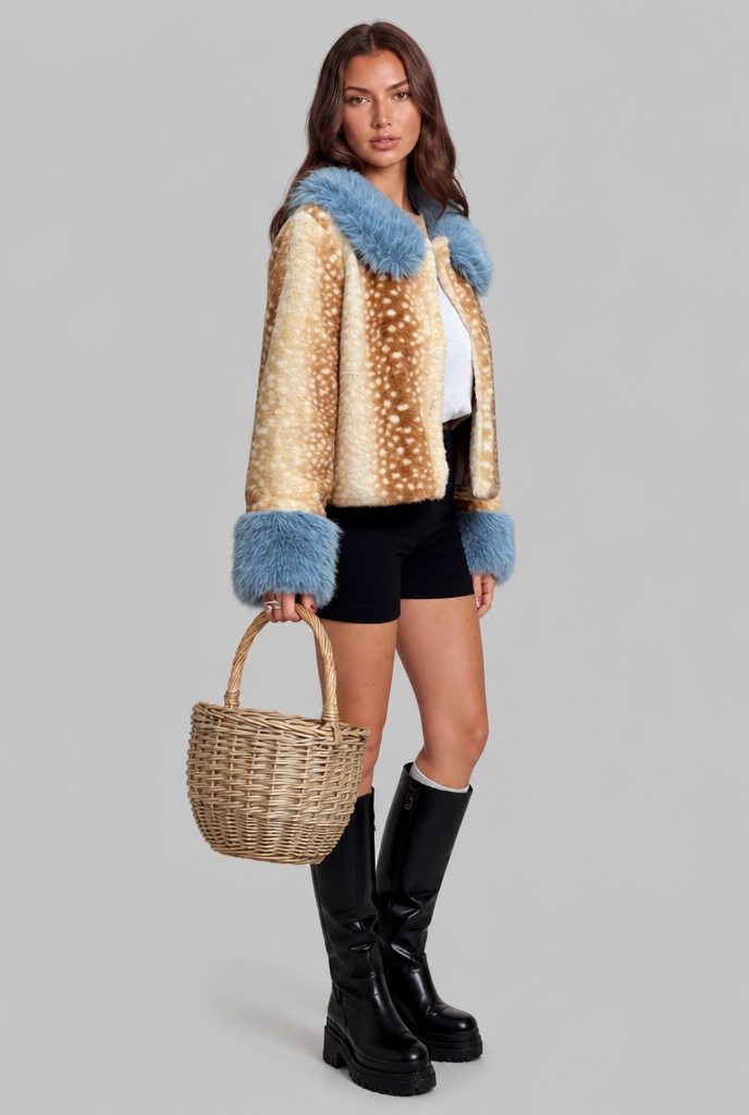 Cropped Faux Fur Jacket with Contrast Trim